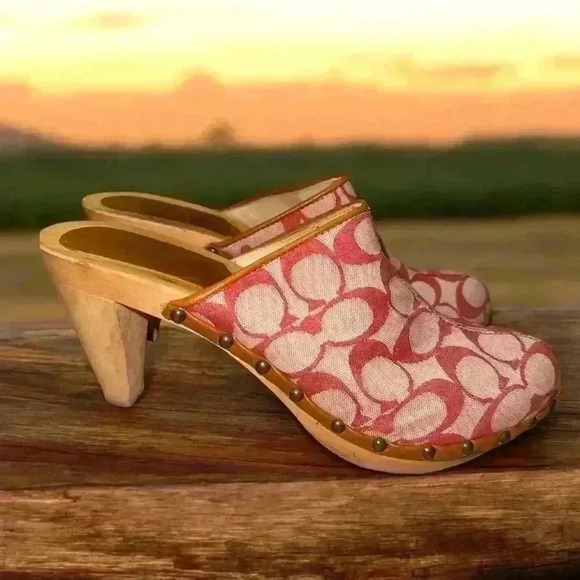 Coach women’s Y2K canvas felicity signature platform mules wooden heels size 9 - Picture 2 of 9